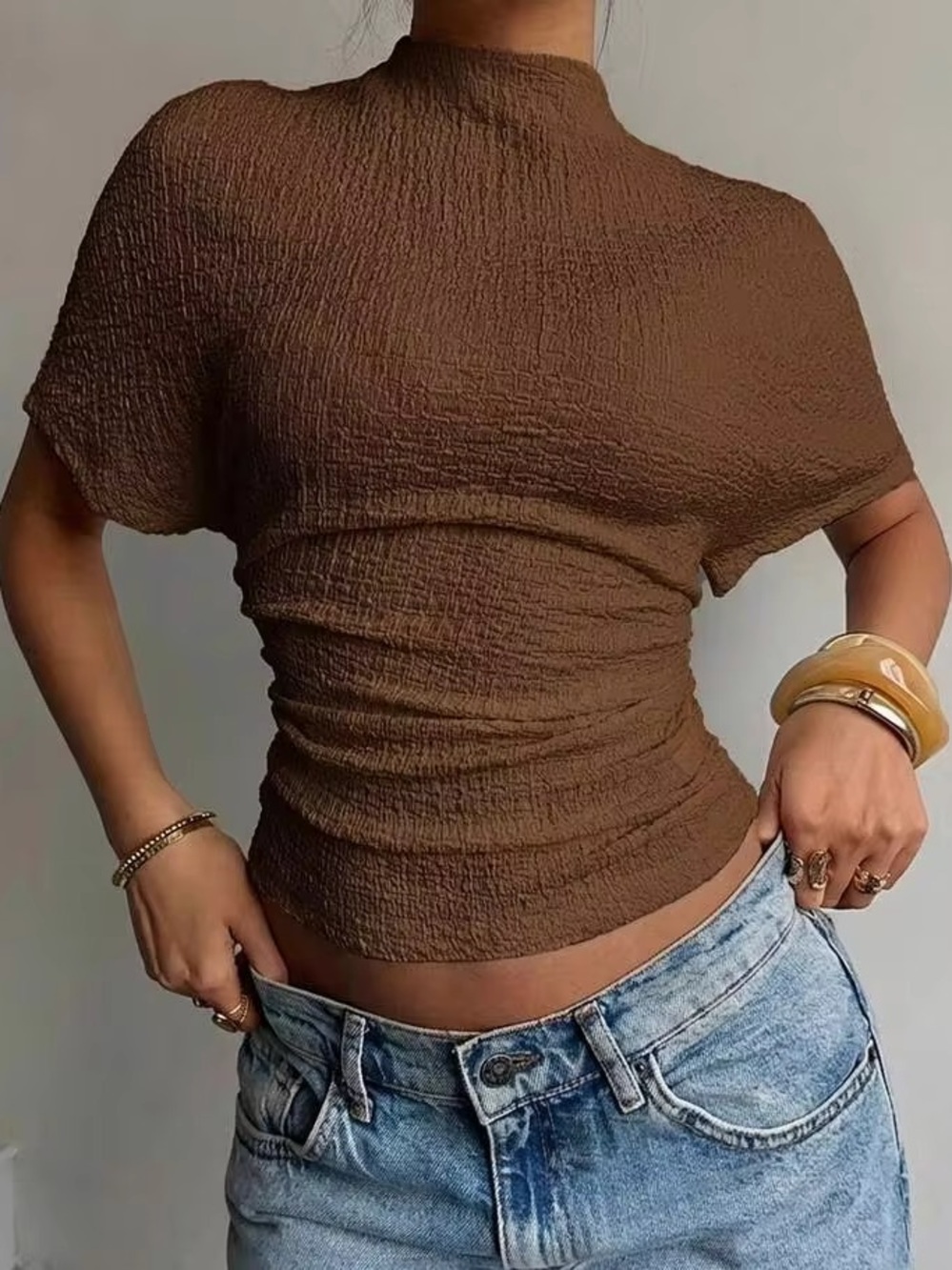 a new day Brown Textured Mock Neck Cropped Top